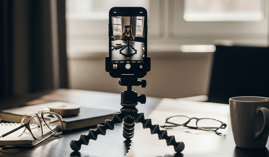 smartphone on tripod recording video content, creator setup
