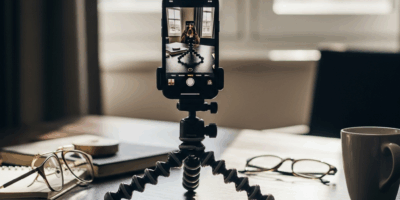 smartphone on tripod recording video content, creator setup