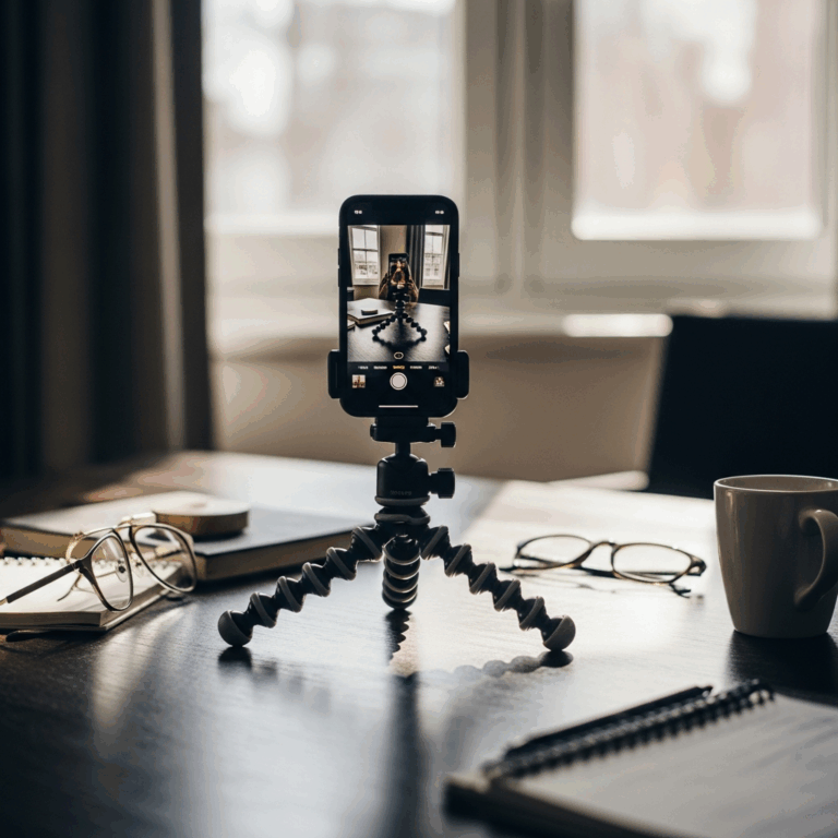 smartphone on tripod recording video content, creator setup